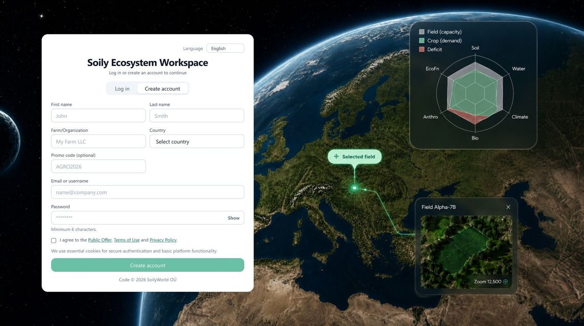 Soily Platform login page with Satellite view of Europe with a white status panel and a green hex radar chart overlay
