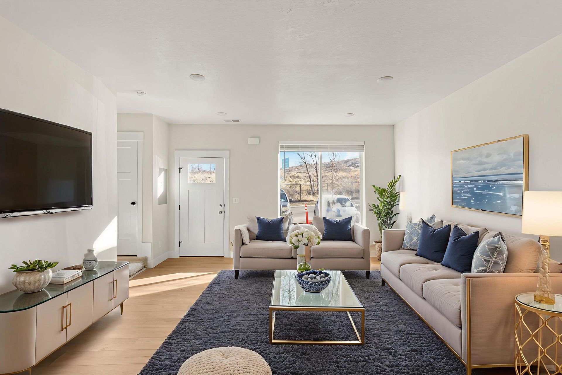 Living room with couches, rug, TV, and table. Sunlight streams in from a window.