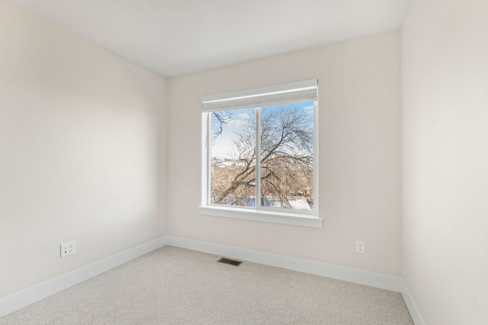 Empty room with white walls, carpet, and a window framing a winter landscape.