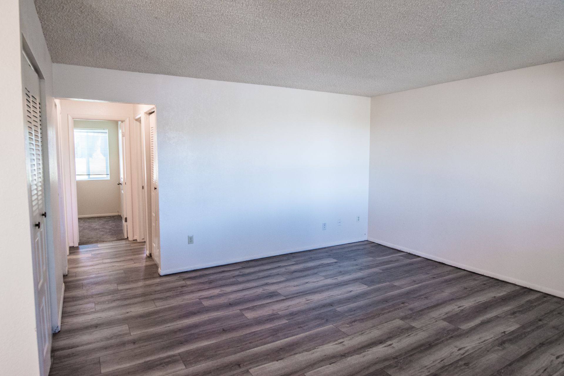 Empty room with gray wood-look flooring and white walls, leading to a hallway with a window.