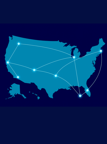 Digital map of the Americas with connected nodes representing nearshore software talent network.