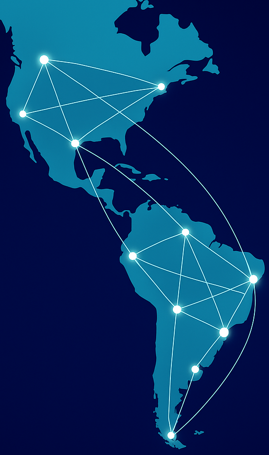 Digital map of the Americas with connected nodes representing nearshore software talent network.
