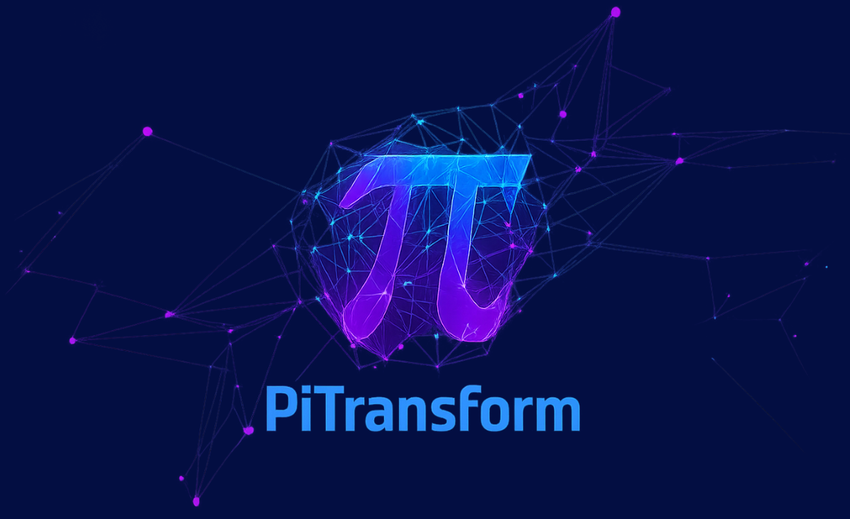PiTransform logo with digital blue and purple network effect — brand identity graphic.