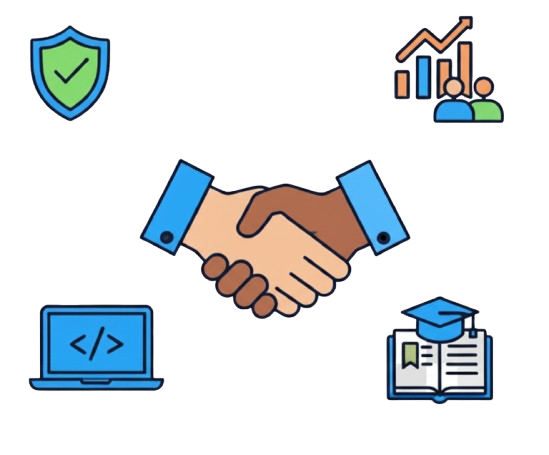 Handshake illustration with growth, shield, and education icons — symbolizing strategic partnerships and trust.