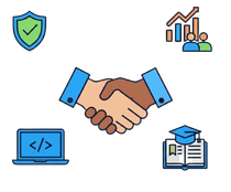 Handshake illustration with growth, shield, and education icons — symbolizing strategic partnerships and trust.