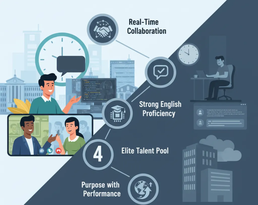 Flat vector graphic illustrating real-time collaboration, strong English proficiency, and elite talent sourcing.