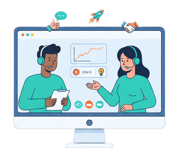 Flat illustration of remote collaboration between two developers using headsets and laptops.