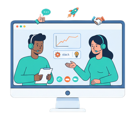 Flat illustration of remote collaboration between two developers using headsets and laptops.