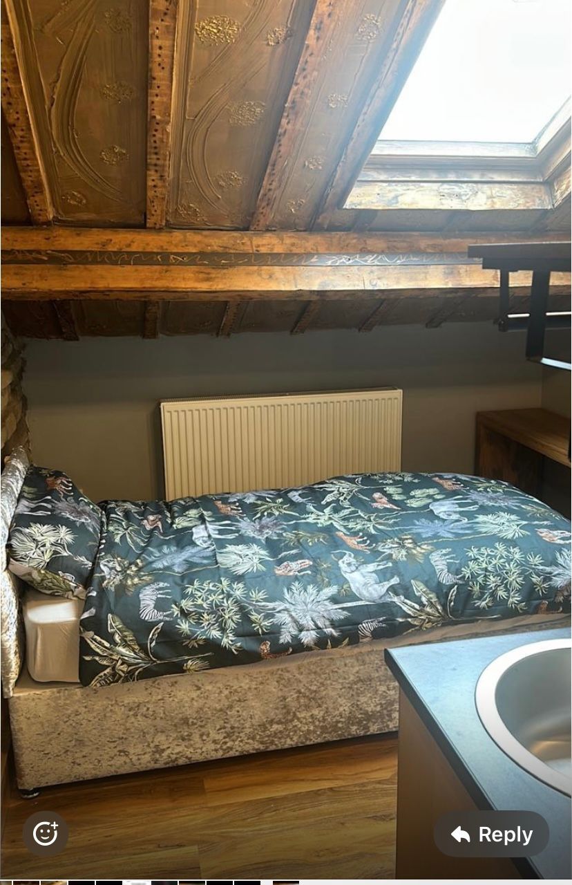 A bedroom with a bed , a sink , and a window.