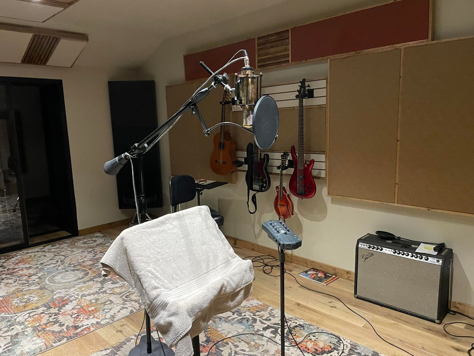 Recording studio: microphones, acoustic panels, instruments (guitars, bass, violin), amplifier, music stand.
