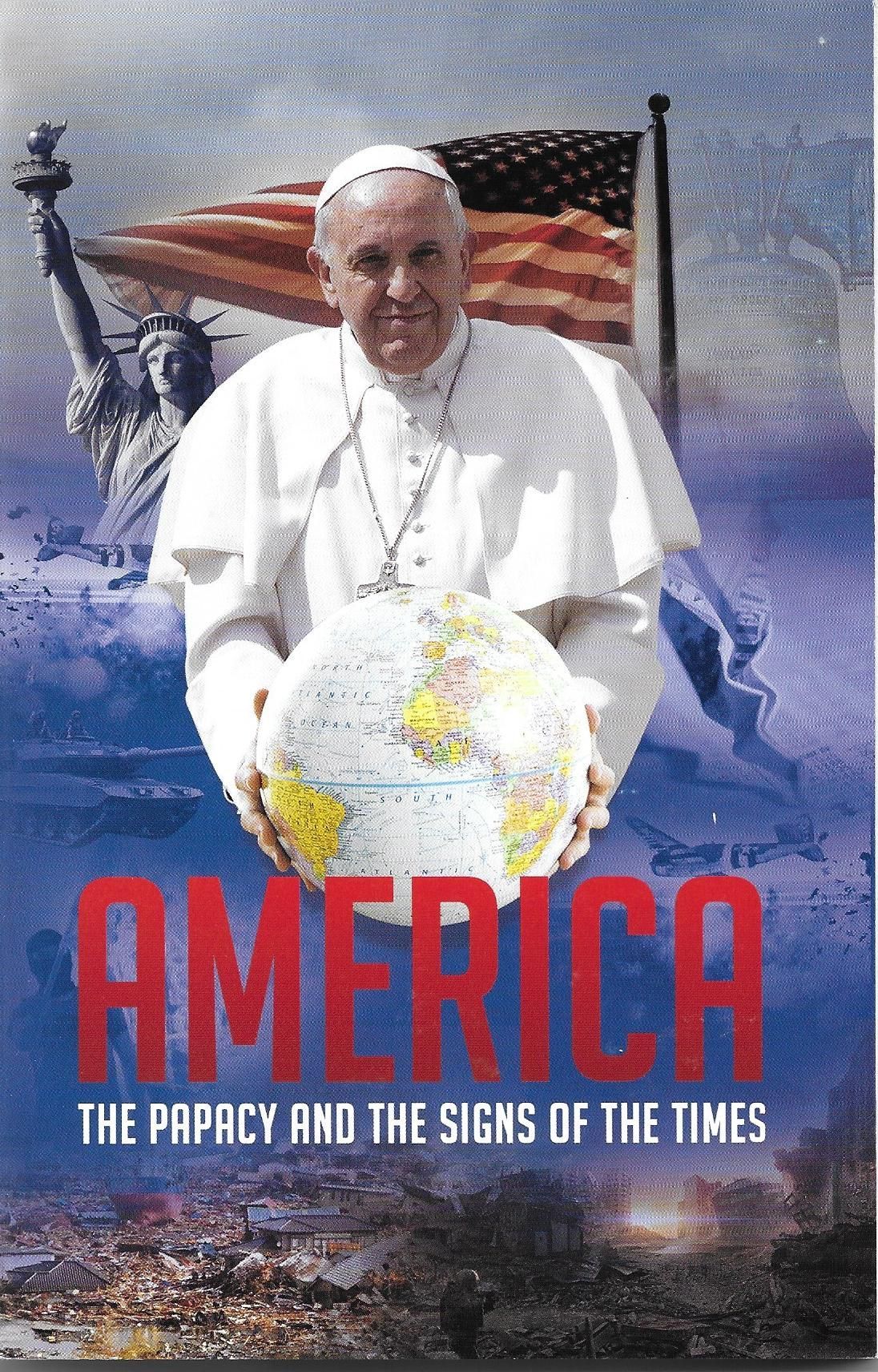 Pope holding globe, US flag and Statue of Liberty. Title