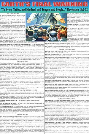 Earth's Final Warning, a religious infographic. A hand offering food to people, with text from Revelation.