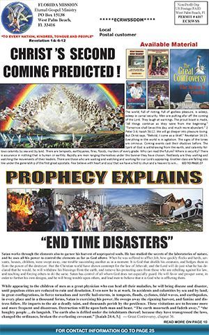 Flyer predicting Christ's second coming, with end-time disaster images and available materials.