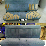 Before-and-after of a worn blue striped couch, showing repaired upholstery and seat cushions