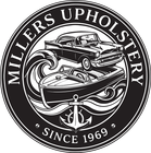 Miller&rsquo;s Upholstery circular black-and-white logo with classic car illustrations and anchor, &ldquo;Since 1969&rdquo; text