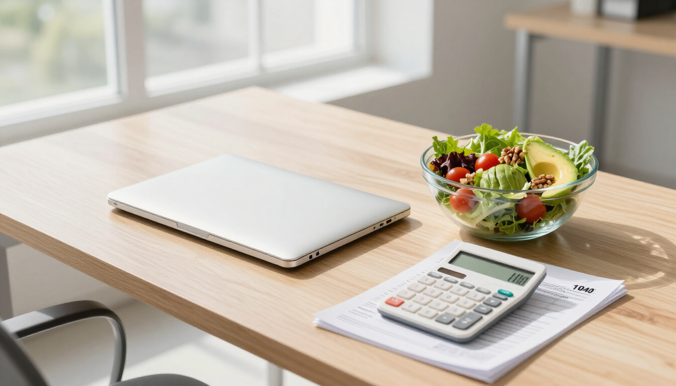 A business person reviewing receipts and tax documents during lunch.