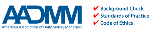 American association of daily money managers logo with red checkmarks and text: Background Check, Standards of Practice, and Code of Ethics