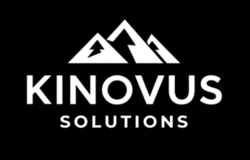 Kinovus Solutions logo with white mountain icon and text on black background