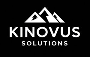 Kinovus Solutions logo with white mountain icon and text on black background