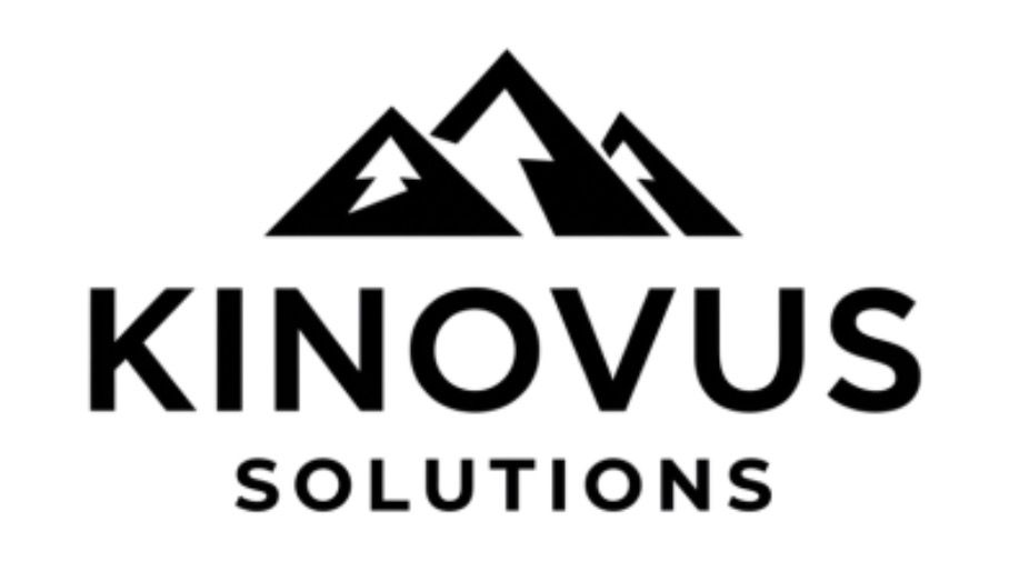 Kinovus Solutions logo with black mountain icon and bold black text on a white background