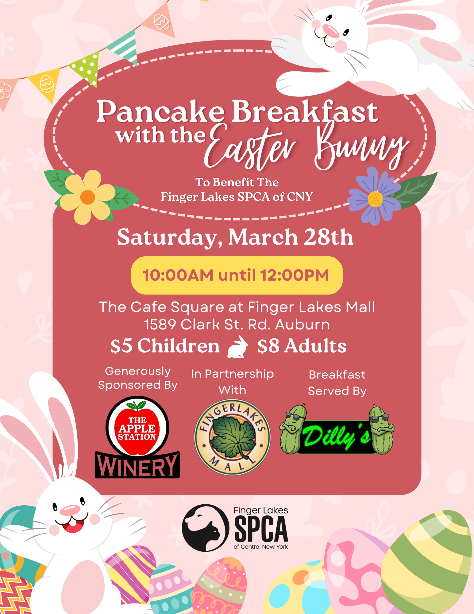 Event flyer for a Pancake Breakfast with the Easter Bunny on March 28th at the Finger Lakes Mall to benefit the SPCA.