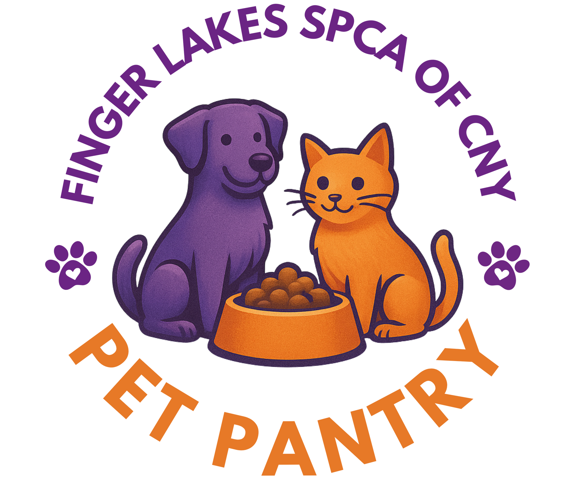 Finger Lakes SPCA of CNY Pet Pantry logo: Dog and cat by food bowl; purple, orange.