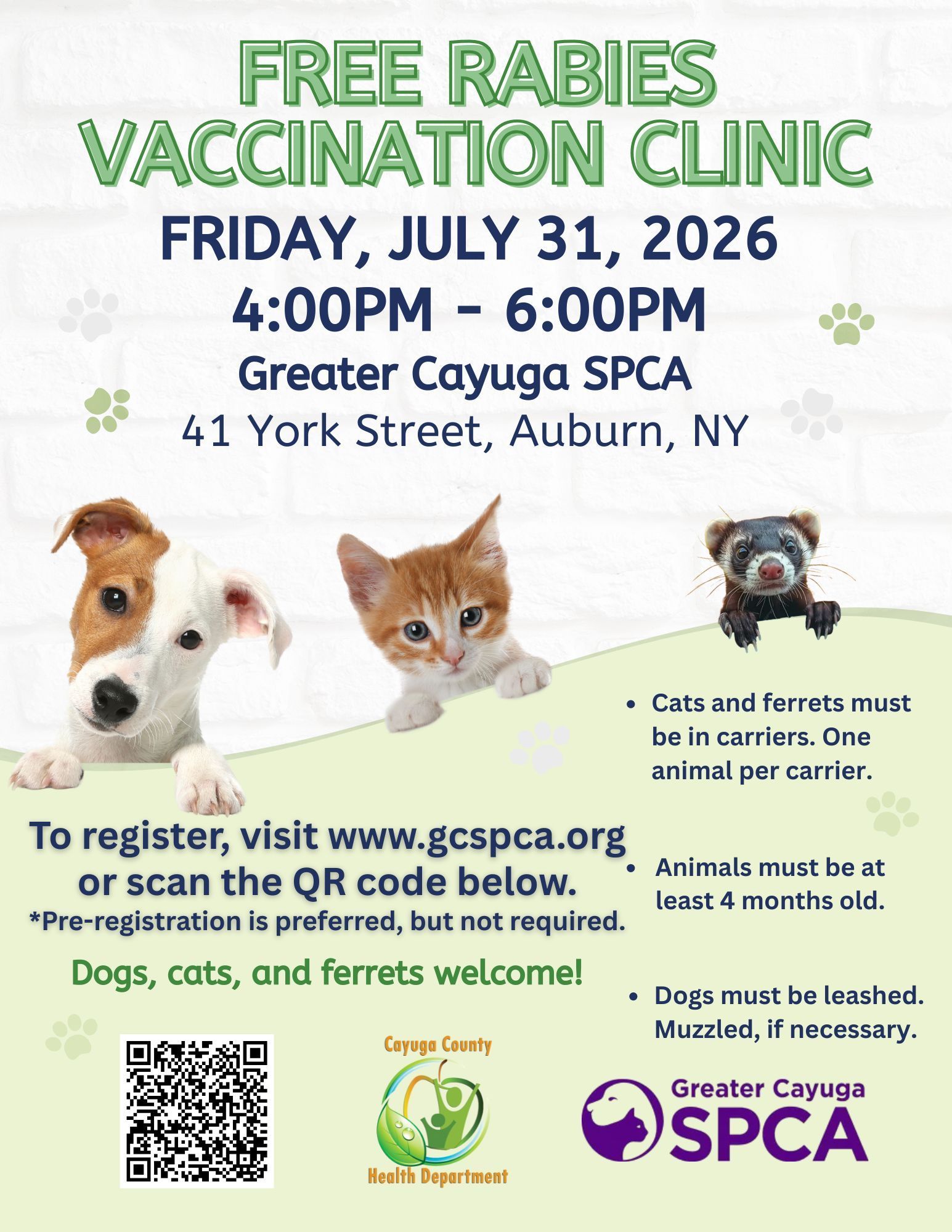 Free rabies vaccination clinic flyer, April 17, 2026, at Finger Lakes SPCA in Auburn, NY, for dogs and cats.