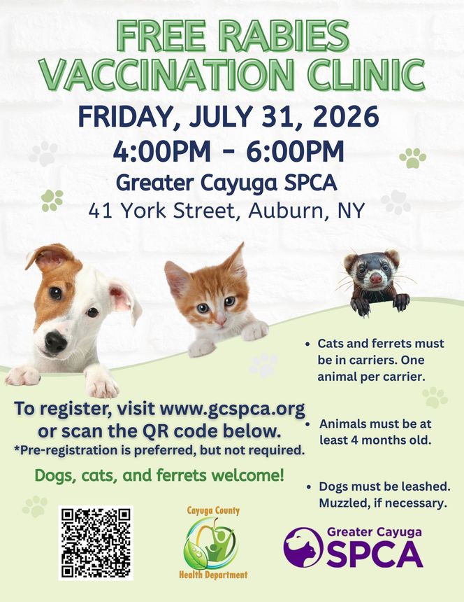 Free rabies vaccination clinic flyer, April 17, 2026, at Finger Lakes SPCA in Auburn, NY, for dogs and cats.