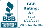 BBB Accredited Business logo with a blue flame and an A+ rating as of 8/25/2024.
