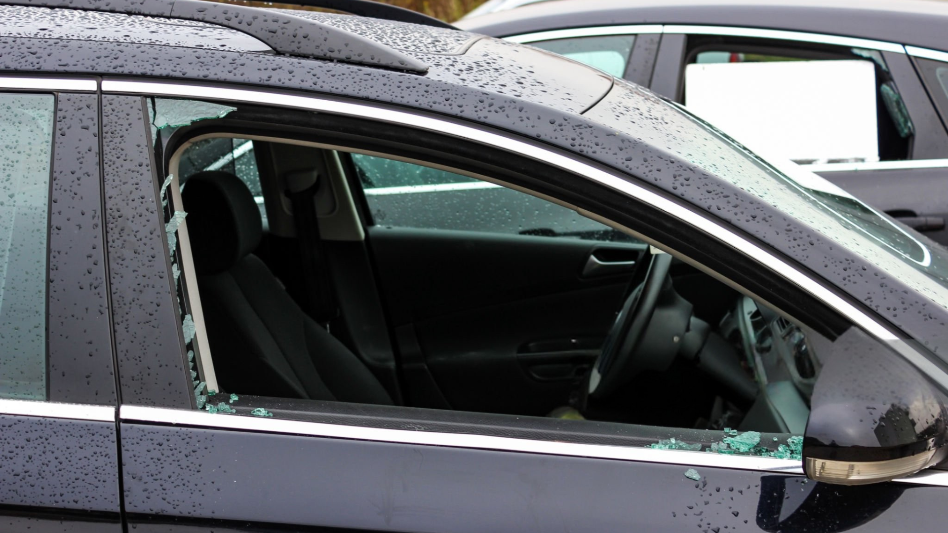 Car window shattered, revealing the interior. The vehicle is parked outdoors.