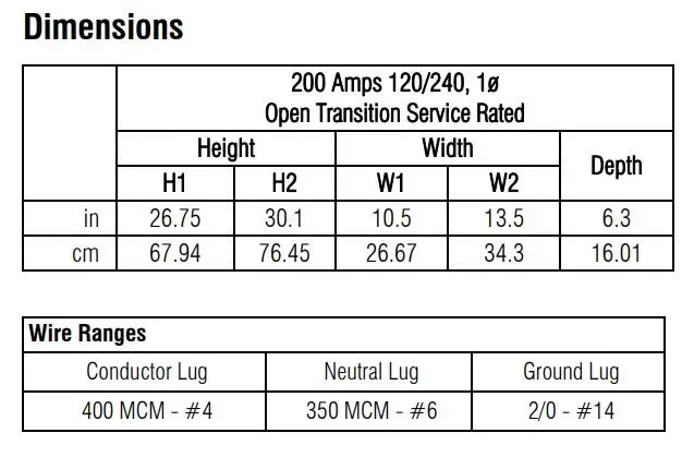 A table showing dimensions and wire ranges for a 200 amps open transition service rated