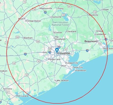 A map of houston texas with a red circle around the city.
