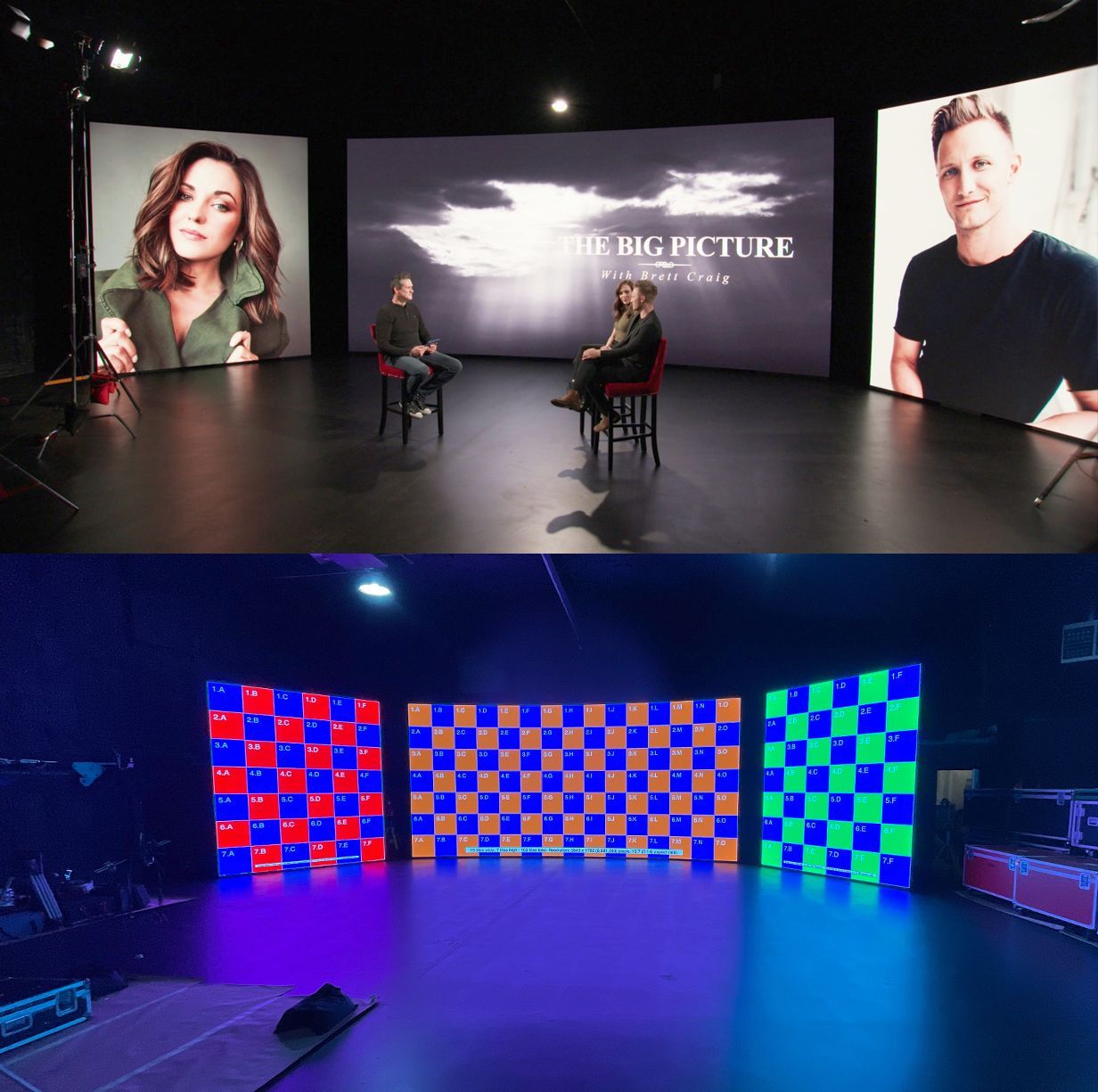 A man and a woman are sitting in front of a screen that says big picture