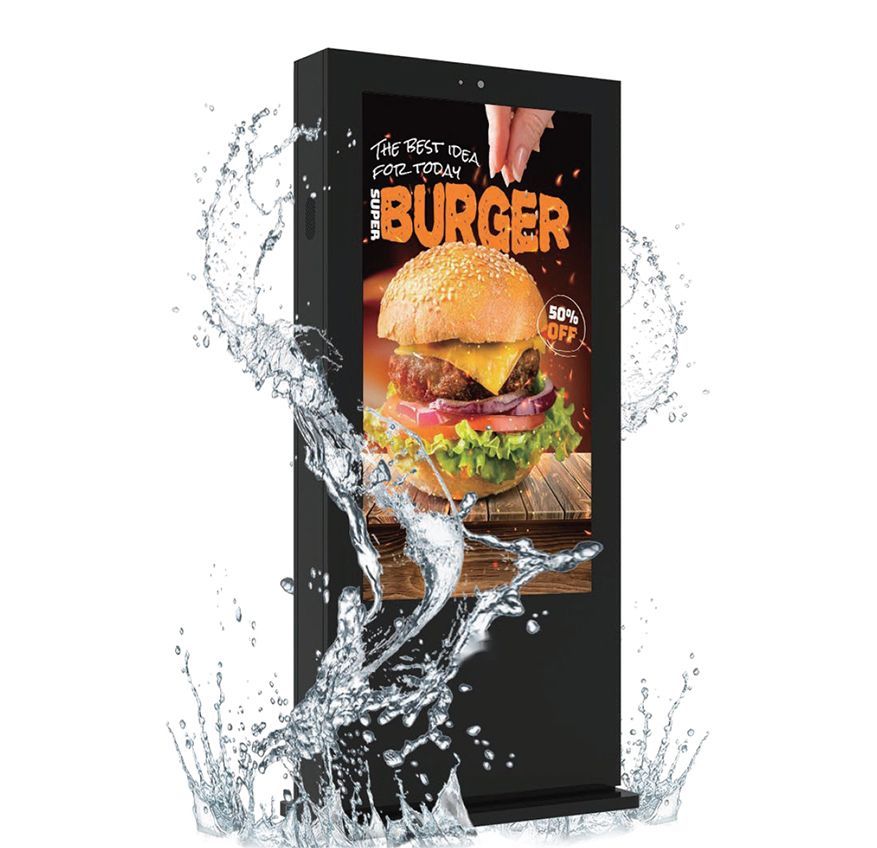 A waterproof digital sign with a picture of a hamburger on it.