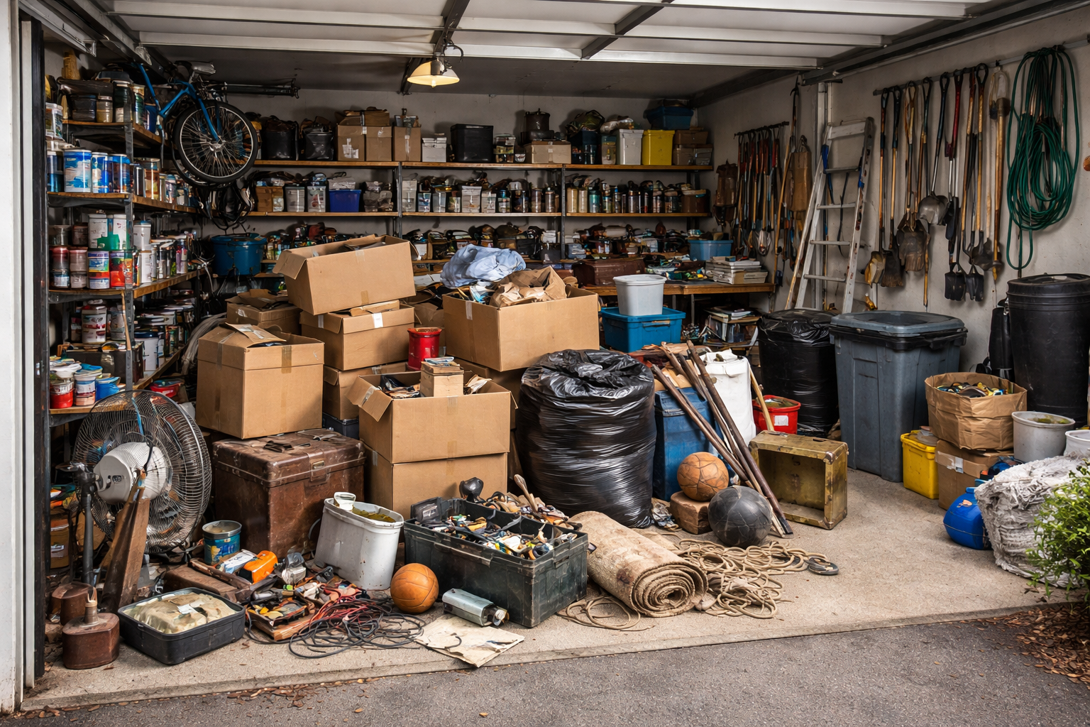 A cluttered garage interior filled with cardboard boxes, bins, tools hanging on the wall, and various items stored on shelves.
