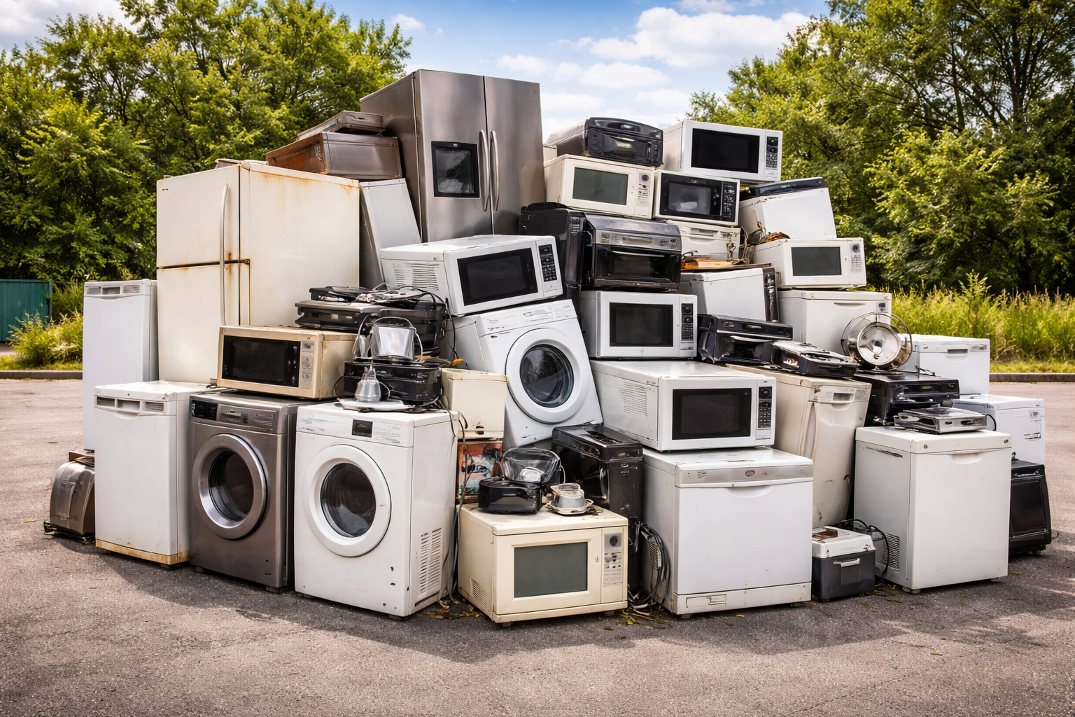 A large, cluttered pile of discarded household appliances, including refrigerators, washing machines, and microwaves.