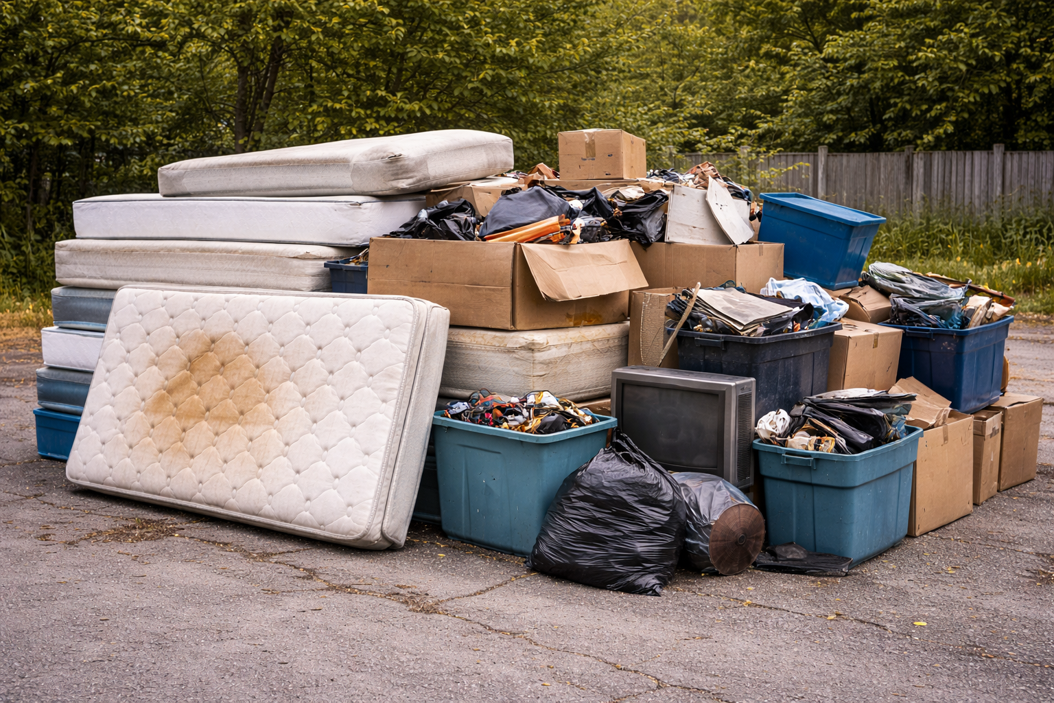 A pile of discarded items including mattresses, cardboard boxes, plastic bins, and trash bags on an asphalt surface.