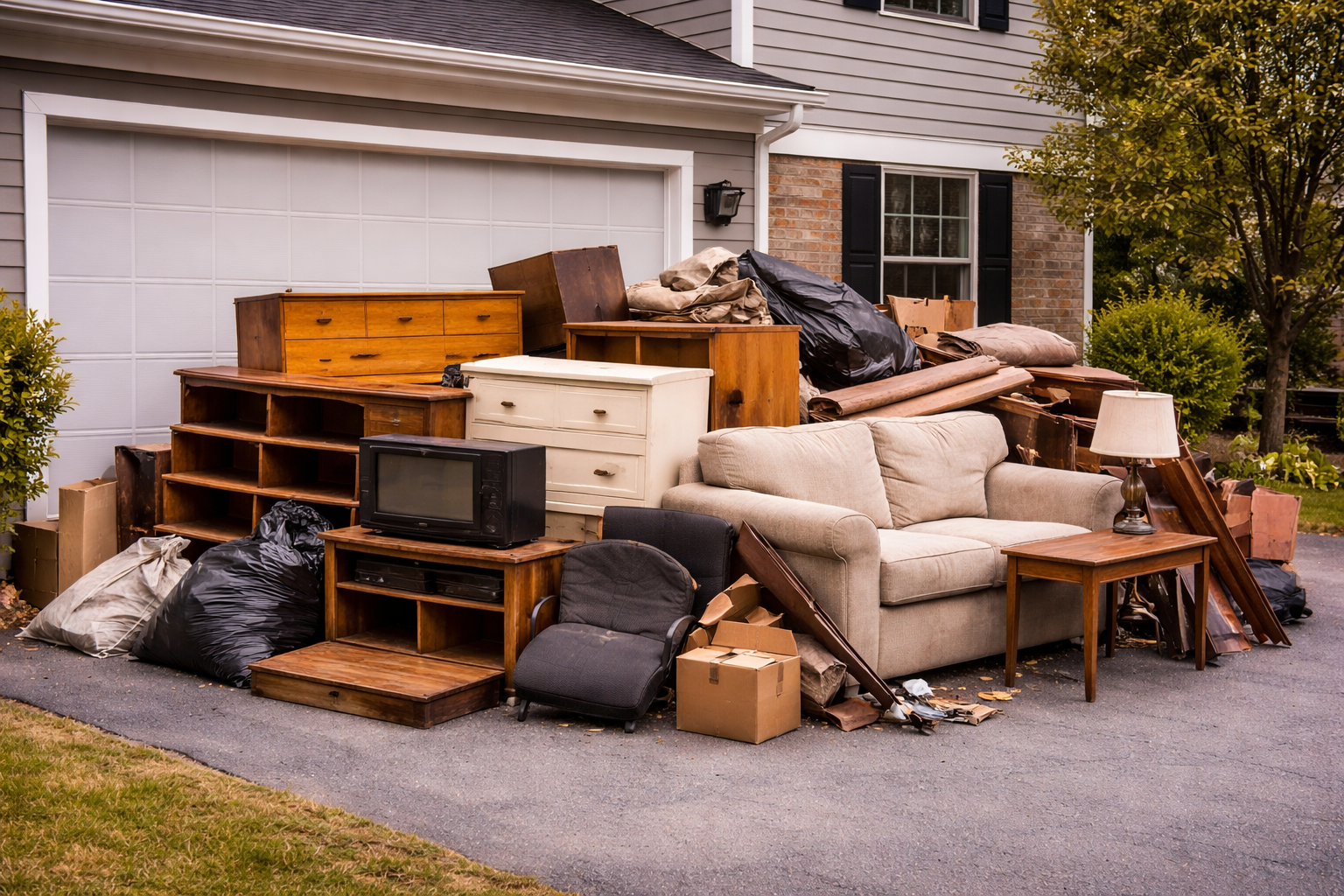 A large pile of assorted furniture, electronics, and trash bags sitting on a driveway in front of a house.