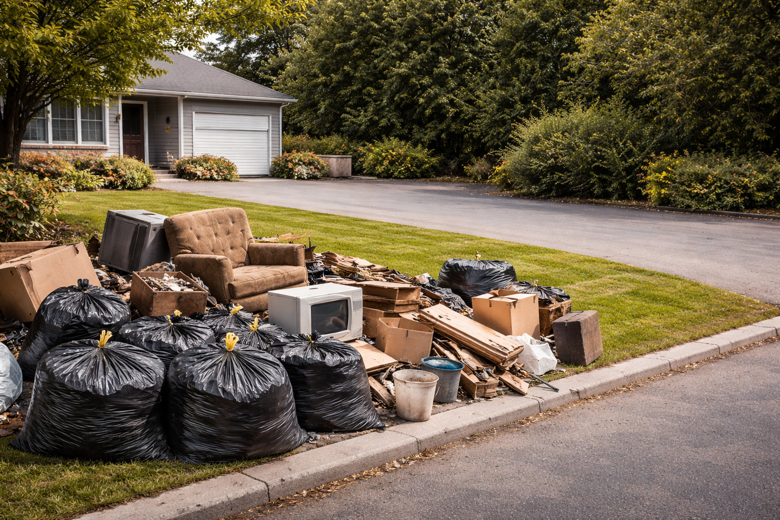 A large pile of trash, cardboard boxes, black garbage bags, and an old armchair sits on a suburban lawn by the curb.