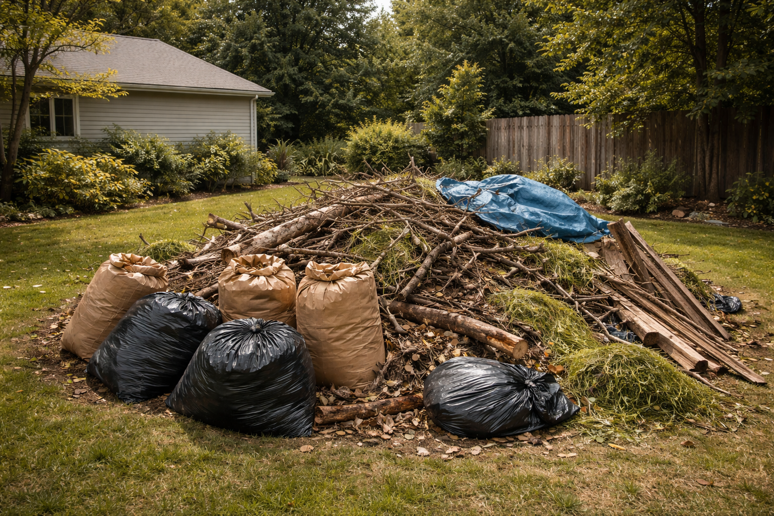 A large pile of yard waste, sticks, and leaves in a suburban backyard, with several brown paper and black plastic bags.