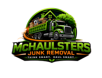 Logo for McHaulsters Junk Removal featuring a green dump truck loaded with items against a house silhouette and tree.