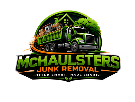 Logo for McHaulsters Junk Removal featuring a green dump truck loaded with items against a house silhouette and tree.