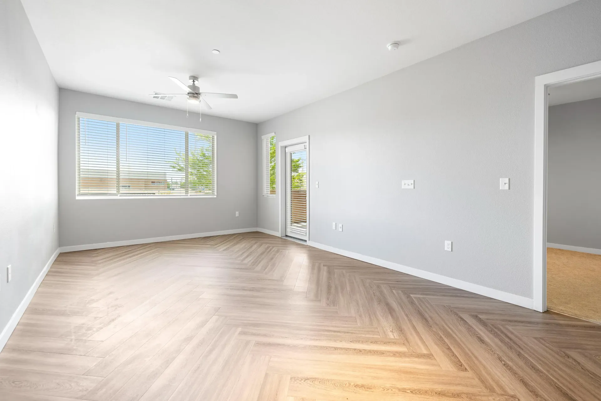 Bright living room with large window, glass door, gray walls, and herringbone wood flooring.
