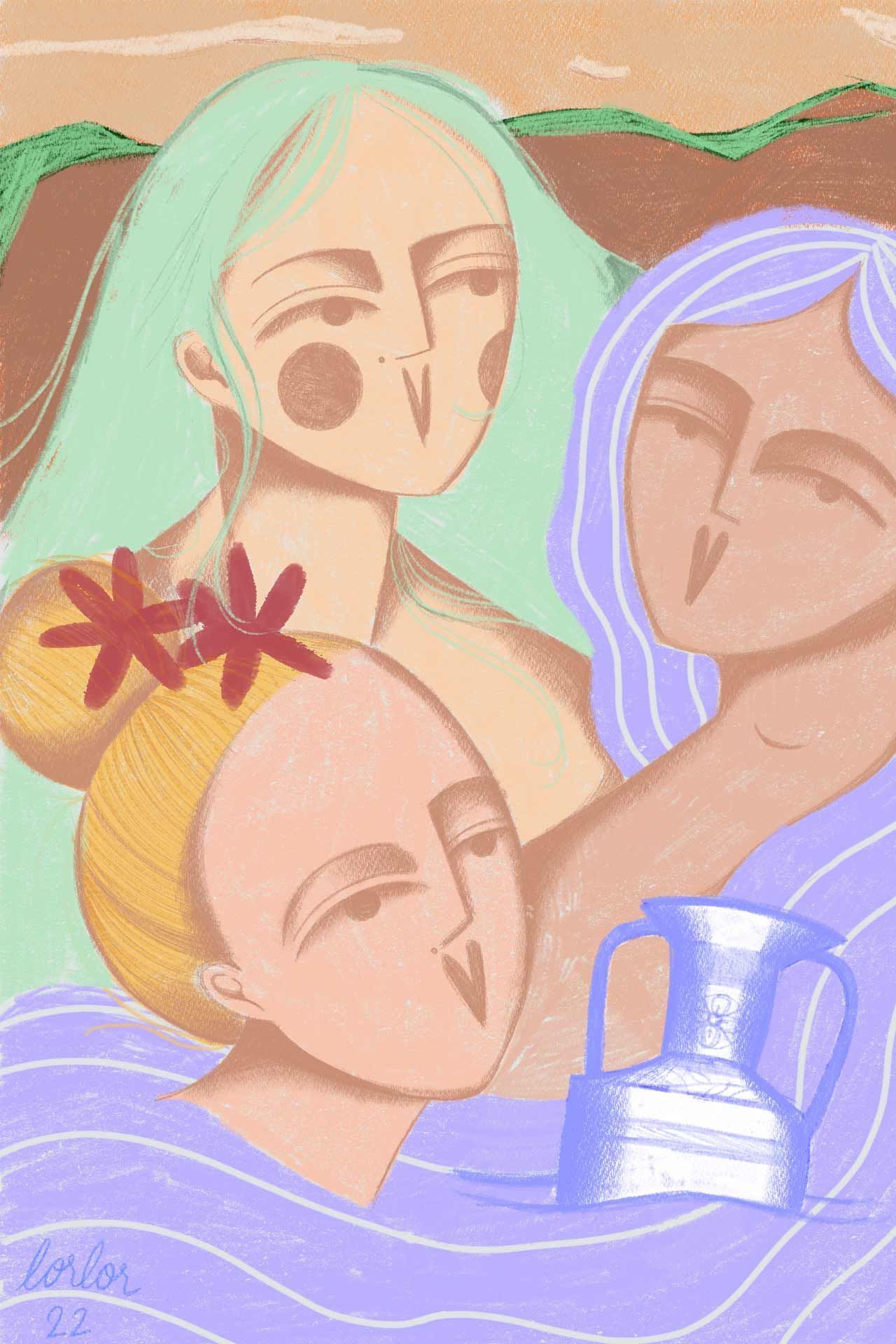 Une peinture de trois femmes debout l'une à côté de l'autre dans l'eau.