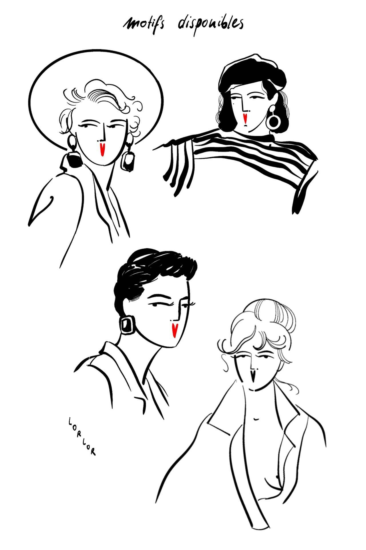 Un dessin en noir et blanc de quatre femmes aux lèvres rouges.