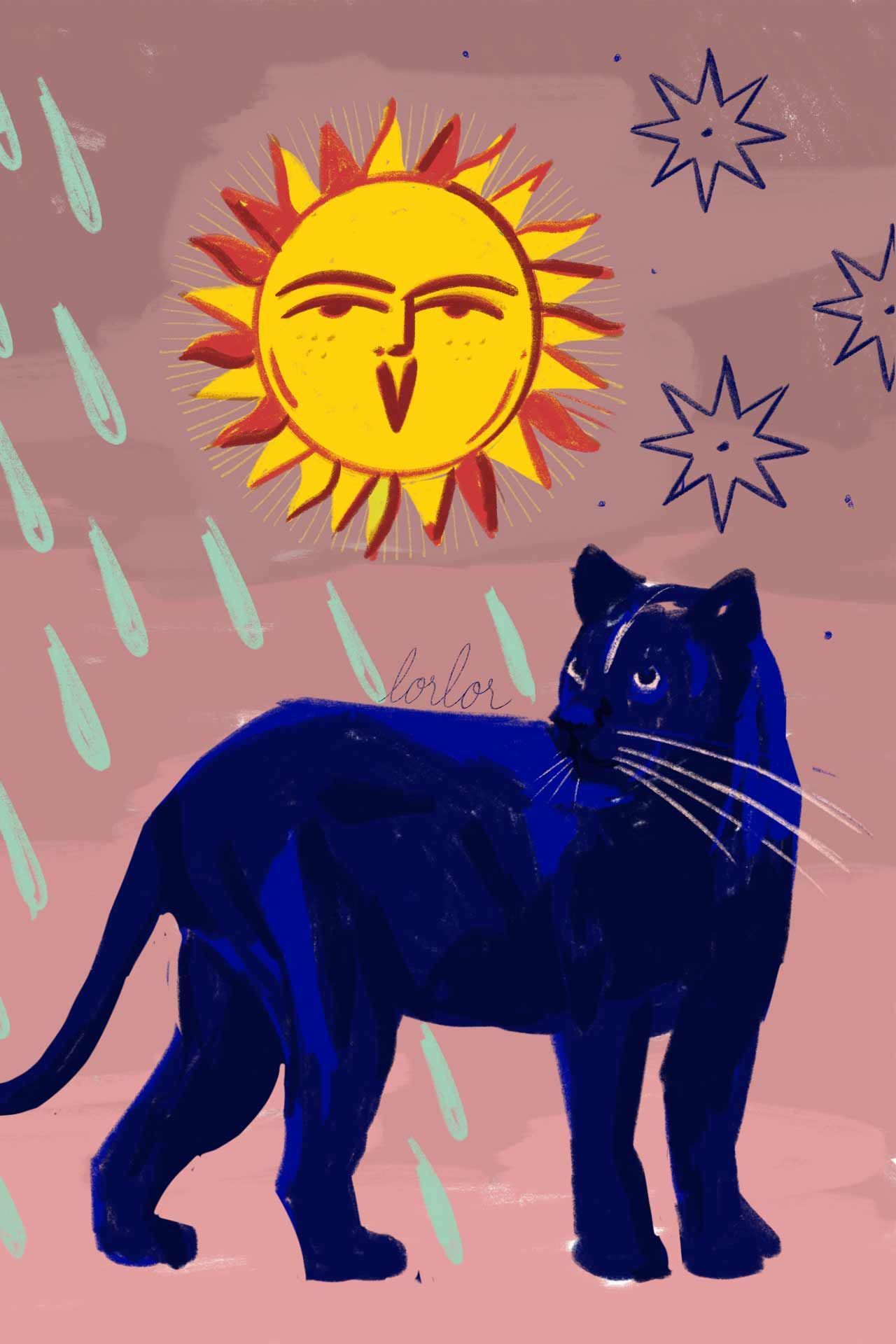 Une panthère noire se tient sous la pluie sous un soleil.
