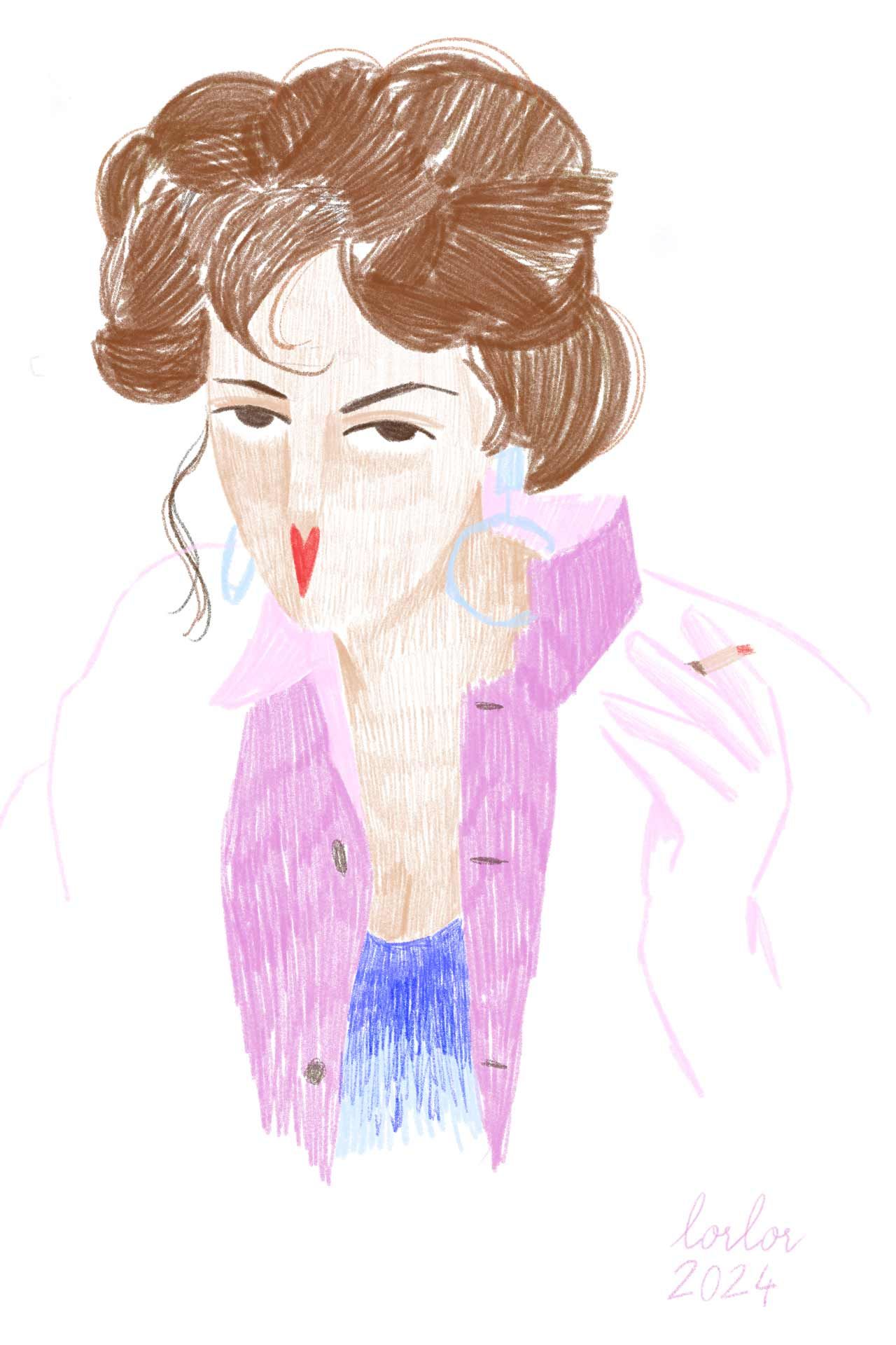 Un dessin d'une femme portant une veste rose et des boucles d'oreilles.