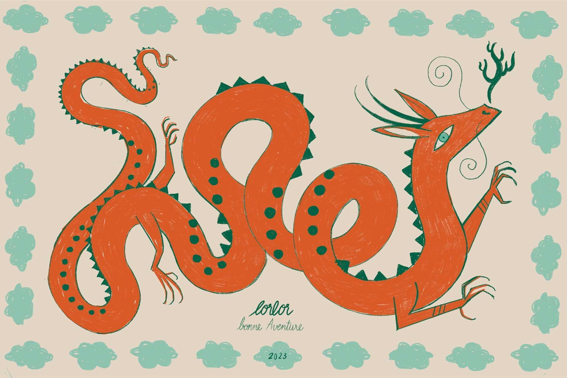 Un dessin d'un dragon avec une tête de cerf et des bois