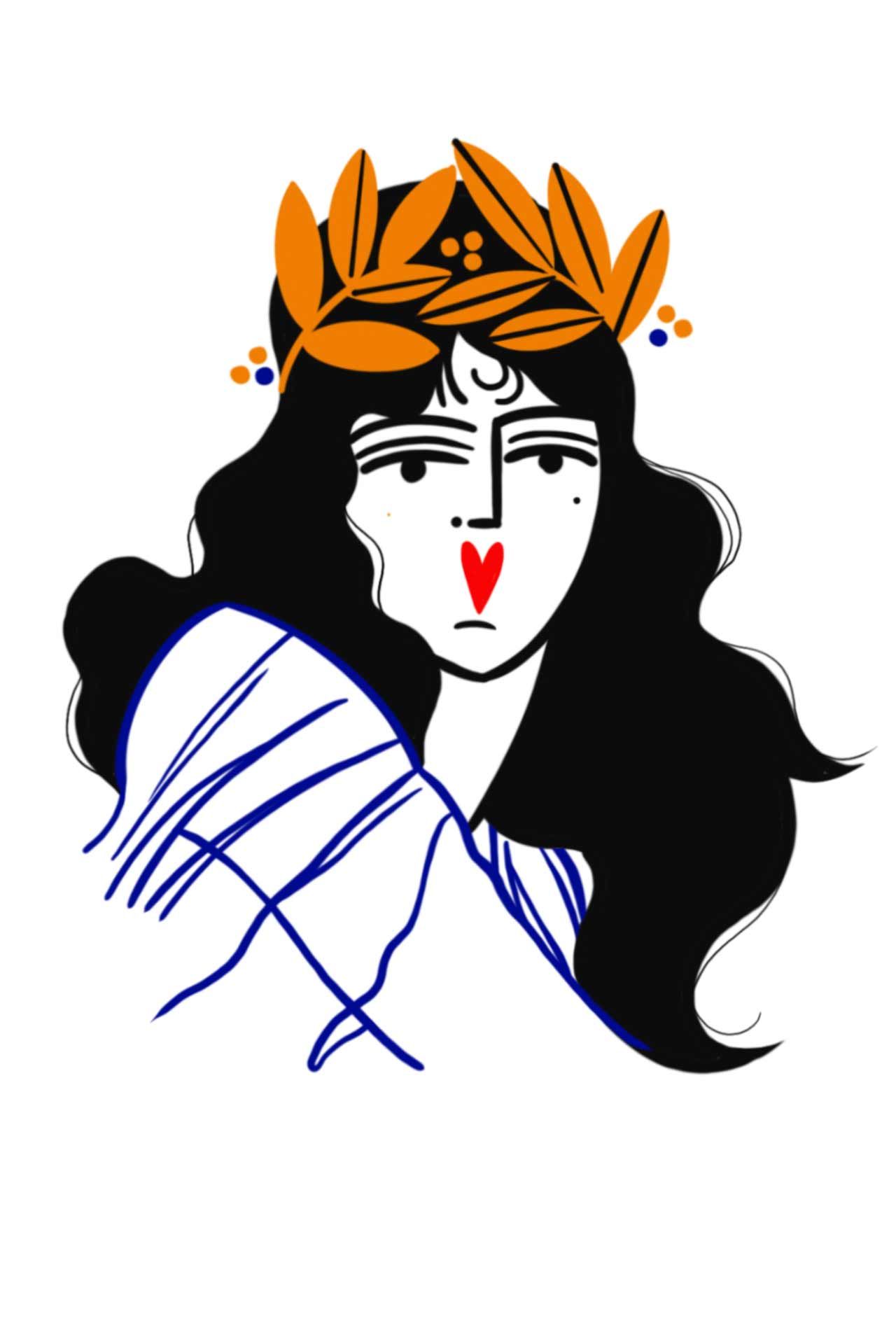 Un dessin d'une femme portant une couronne de laurier sur la tête.