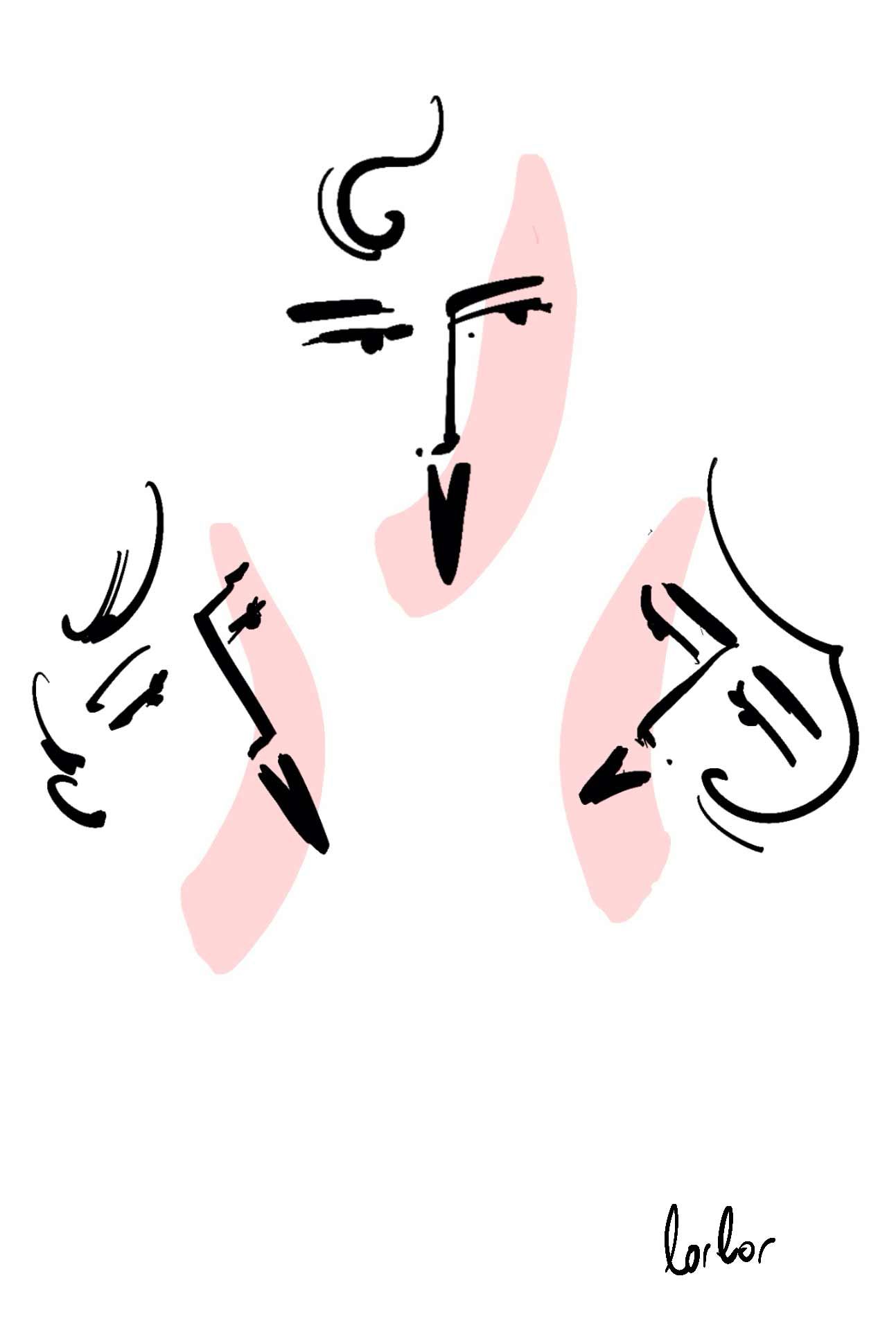 Un dessin en noir et blanc de trois visages sur fond blanc.